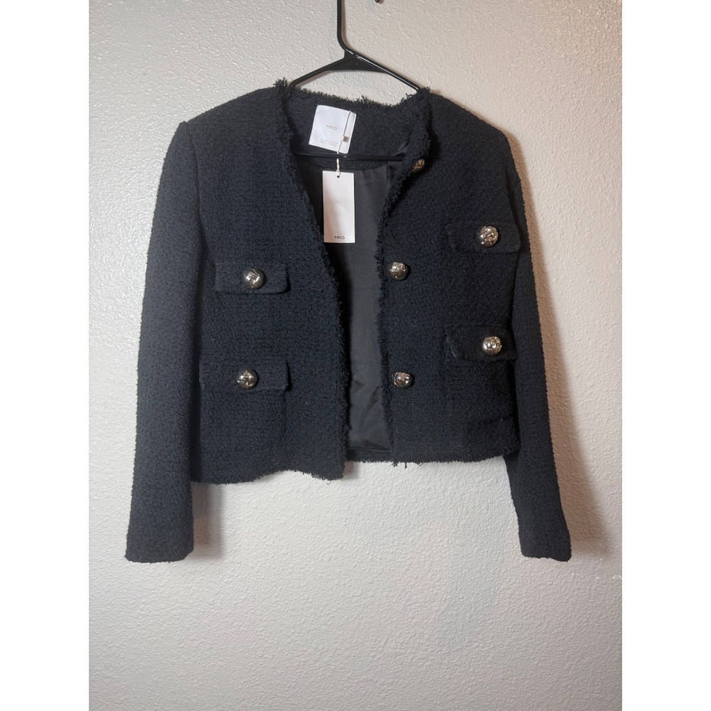 Nwt Mango WINTOUR Tweed Jacket Black Cropped Frayed Raw Edge Button Front Size M - Picture 2 of 9